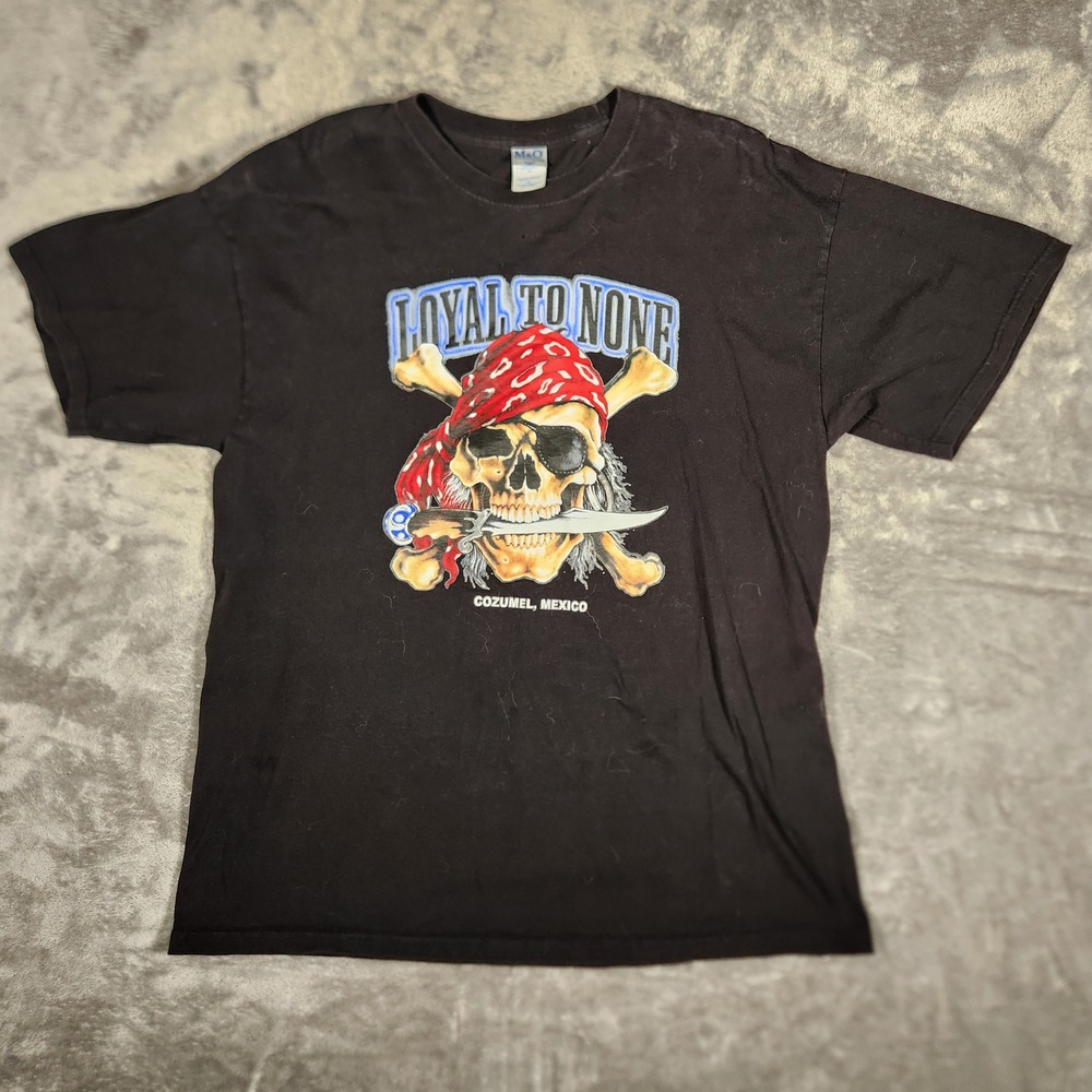 M&O Knits T-Shirt Mens XL Loyal To None Pirate Skull Black Cozumel Mexico EUC